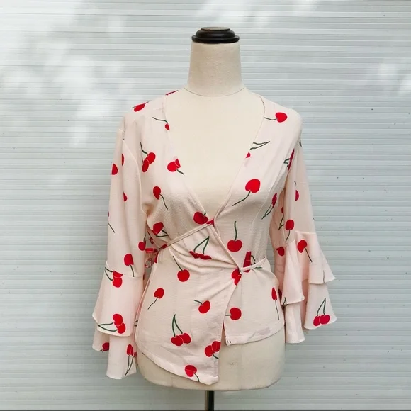 HERE COMES THE SUN Pink Wrap Blouse Bell Sleeves Cherry Casual Size 8 - Picture 1 of 8